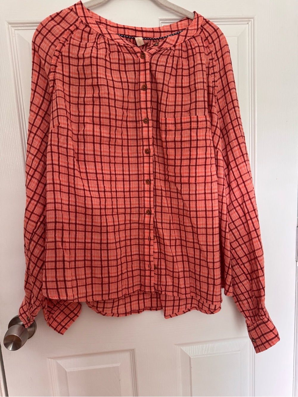 Pilcro Anthro Womens Coral Plaid Button-Front Long-Sleeve Top